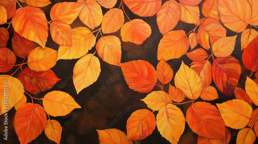 Aufkleber Autumn leaves in various shades of orange and yellow against a dark background with ample copy space for text placement