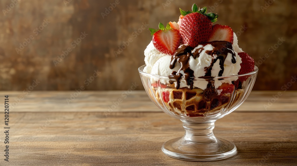 Poster delicious strawberry sundae with whipped cream and chocolate drizzle in a glass bowl on rustic woode