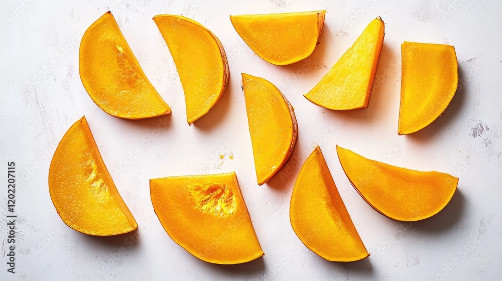 Aufkleber slices of fresh orange pumpkin arranged on a white surface with copy space for text placement