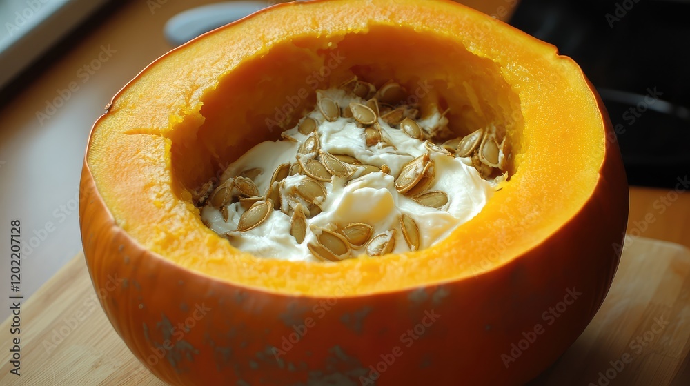 Poster freshly hollowed pumpkin filled with cream and seeds on a wooden surface with natural light and copy