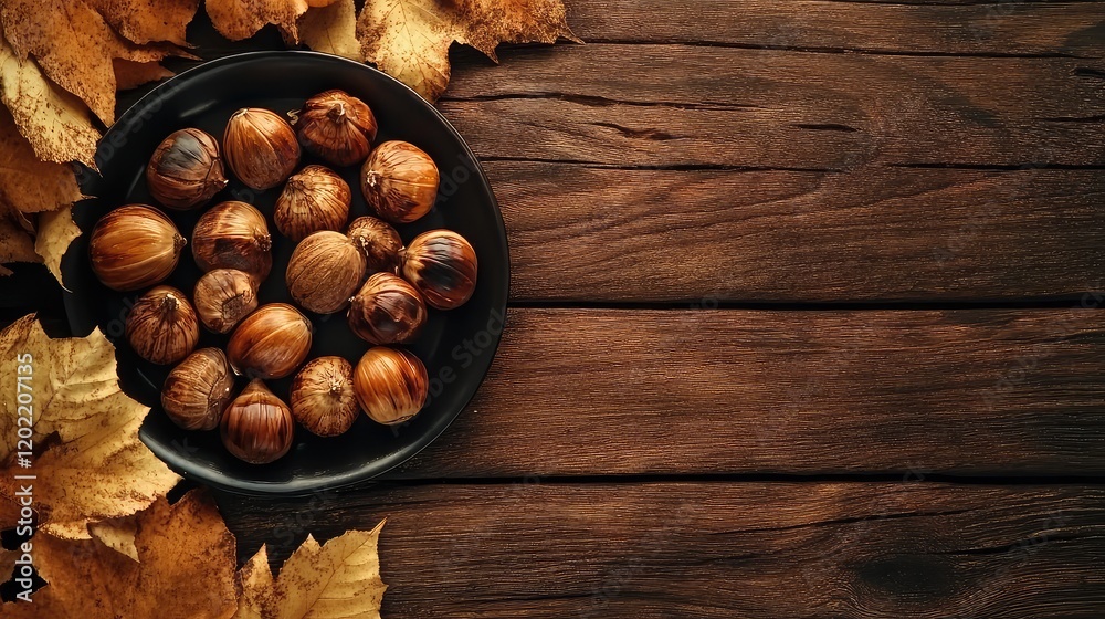 Poster plate of hazelnuts on a wooden surface surrounded by autumn leaves with copy space for text