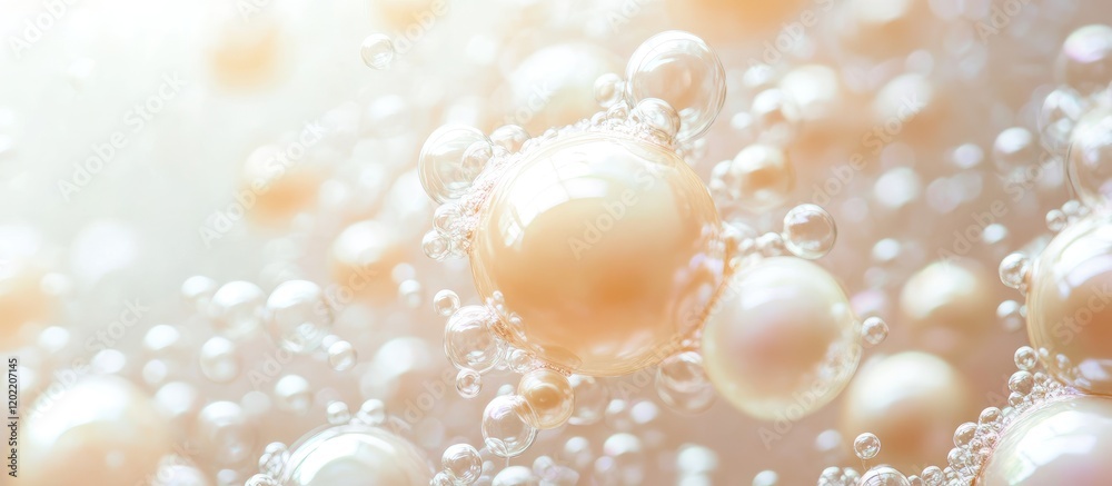 Poster macro close-up of soft glowing pearls submerged in bubbles with blurred background and copy space fo