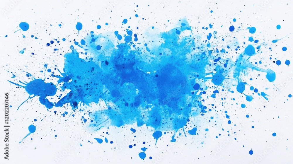 Poster blue watercolor splash and abstract paint droplets on white background with copy space for text plac