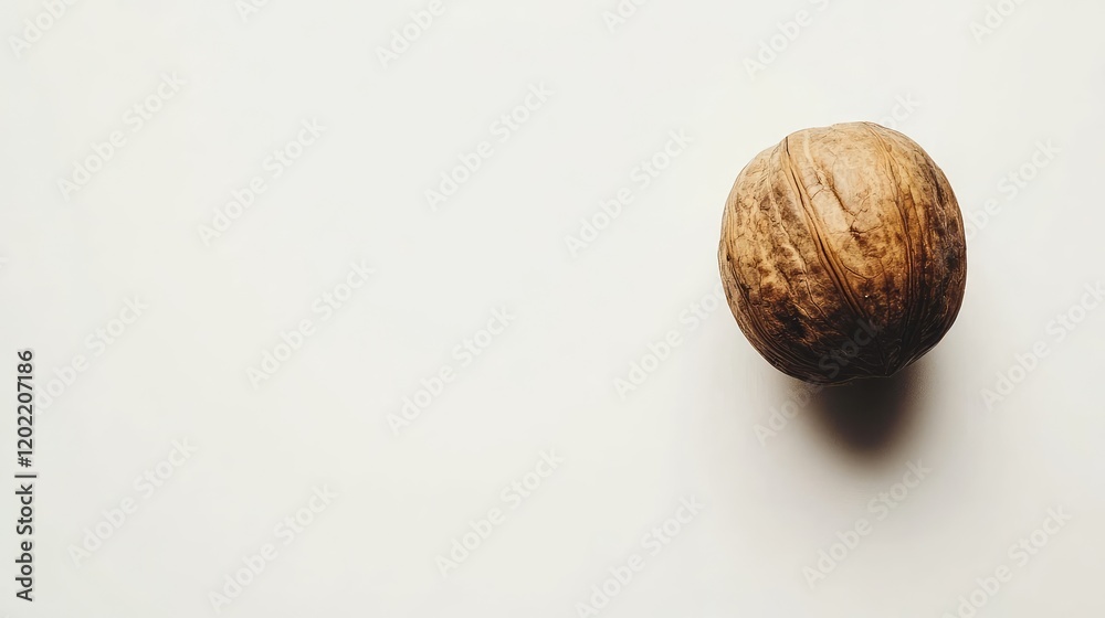 Poster Brown walnut in its shell on a plain light background with ample Copy Space for text placement.
