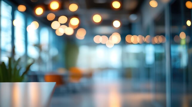 Blurry interior of a modern office space with warm ambient lighting and copy space for text usage