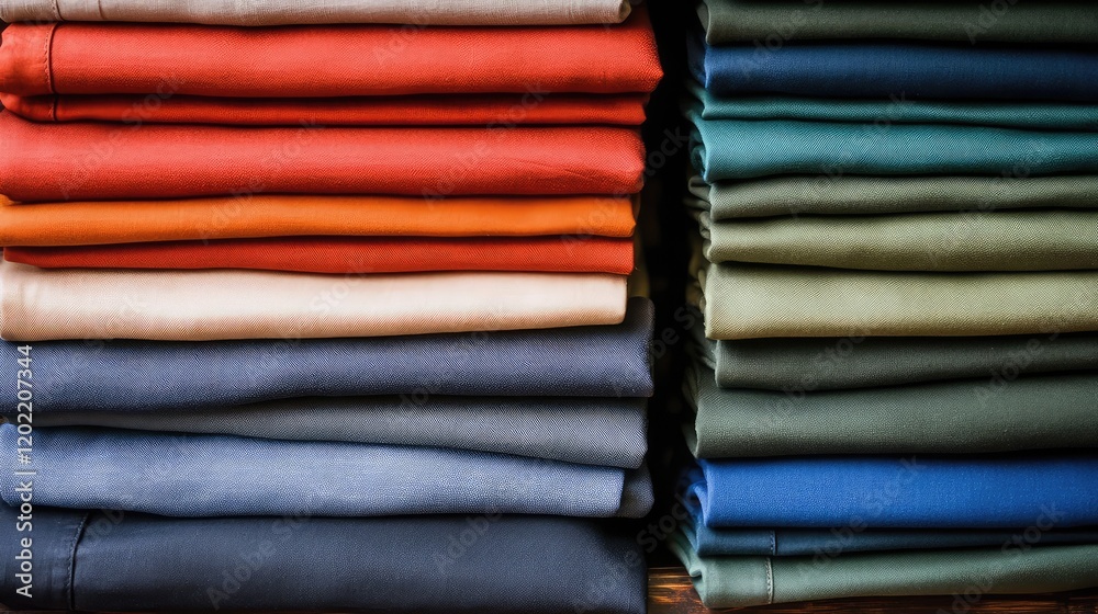 Poster colorful folded fabric stacks in various shades arranged neatly on a wooden surface with space for t