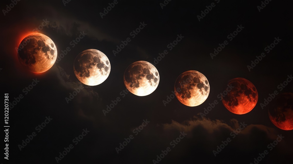 Wall mural lunar eclipse sequence showing different phases of the moon against a dark sky with clouds copy spac