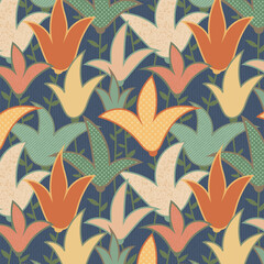 Bold maximalist floral pattern of stylized tulips with dotted and stripy texture on dark blue linen background. Abstract botanical background in boho folk style for paper and decoration.