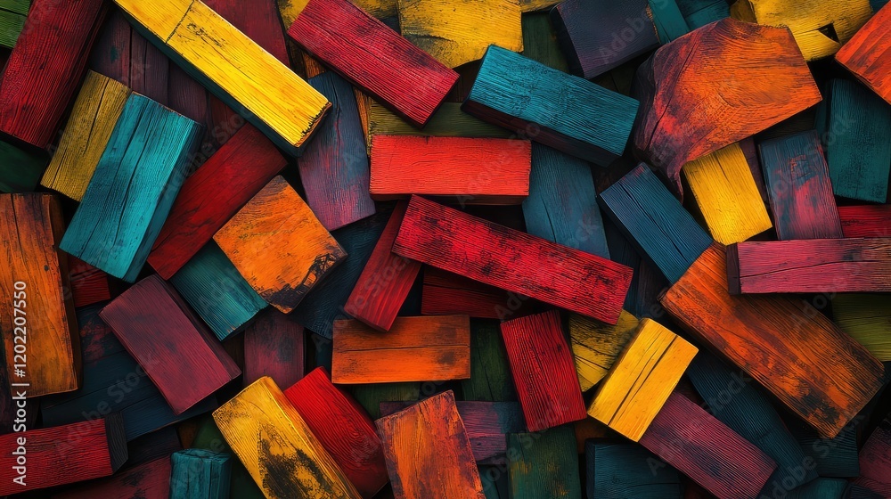 Poster Colorful Stacked Wooden Blocks Background with Copy Space for Text or Graphics