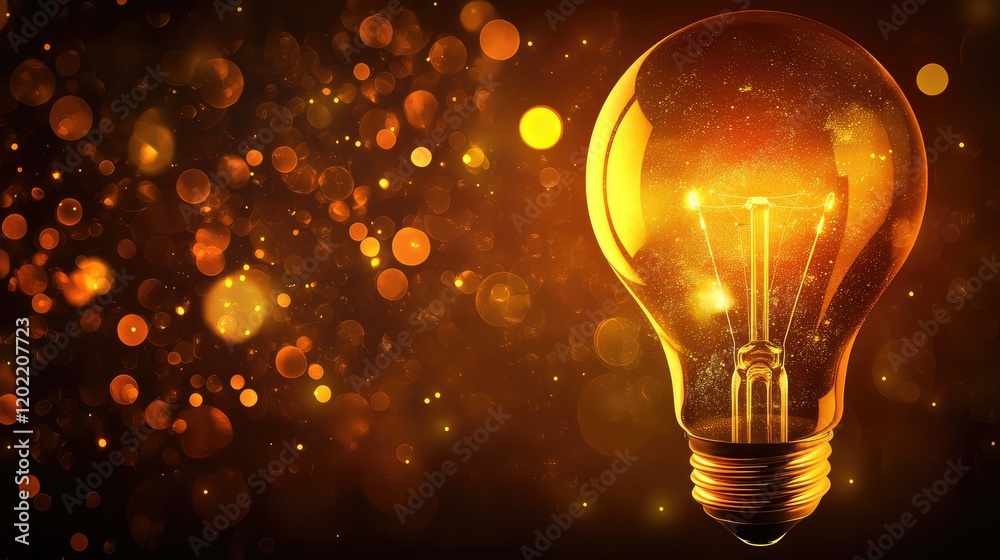 Poster light bulb glowing with golden bokeh effect on dark background with copy space for text