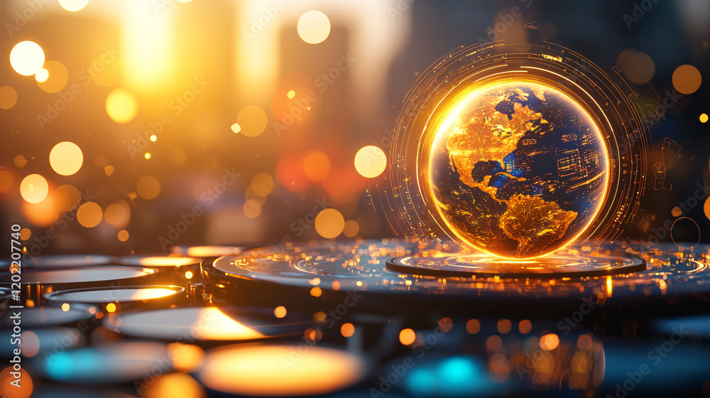 Wall mural glowing Earth surrounded by technology and light, symbolizing innovation and connectivity. warm colors and bokeh effect create vibrant atmosphere