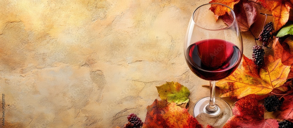 Poster Red wine glass on rustic background surrounded by colorful autumn leaves and dark grapes with Copy Space for text placement.