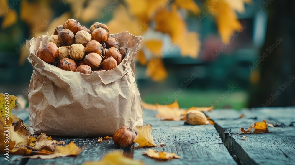 Poster nuts in a paper bag on a wooden surface with autumn leaves in the background and copy space availabl