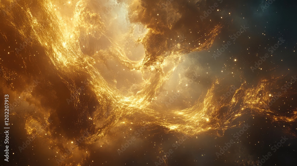Poster cosmic abstract background with swirling golden nebula and stars in deep space. copy space for text 
