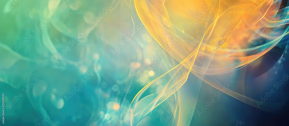 Poster Abstract colorful background with fluid shapes and gradients in blue, green, orange, and yellow tones with Copy Space for text placement