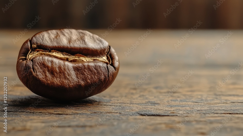 Poster close-up of a single roasted coffee bean on a wooden surface with natural lighting and textured back