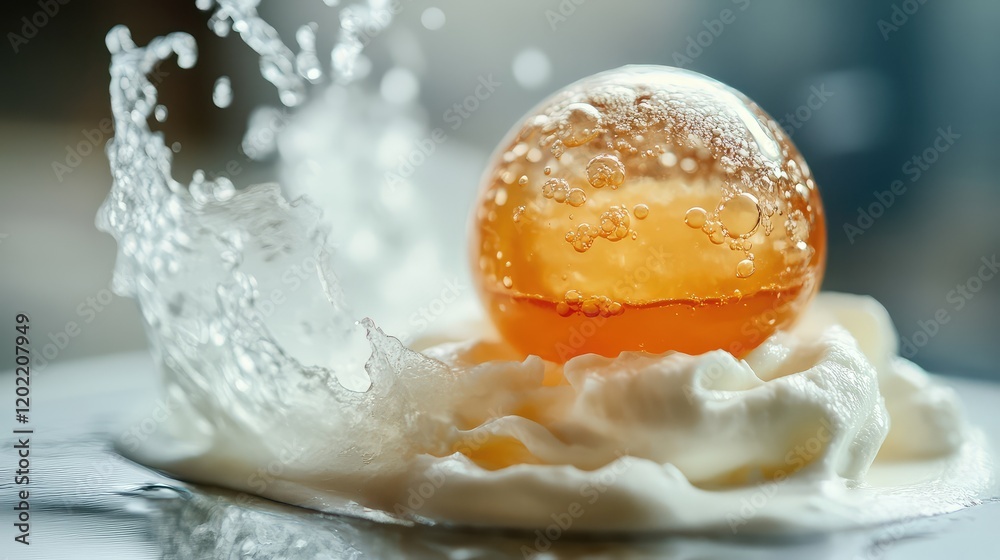Poster close-up of a floating orange sphere causing a splash in creamy liquid, with a soft background and a