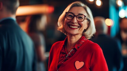 Sophisticated entrepreneur in red clothing smiling with a heart-shaped badge at a formal gathering