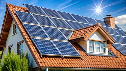 Solar panels on a rooftop generating renewable energy in sunlight