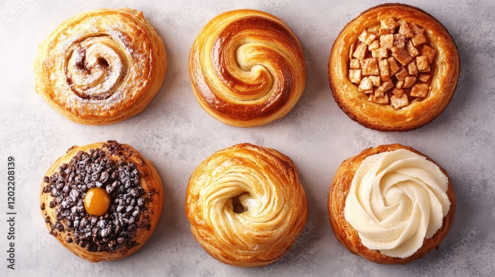 Poster Assorted gourmet pastries displayed on a gray background with various toppings and filling designs Copy Space
