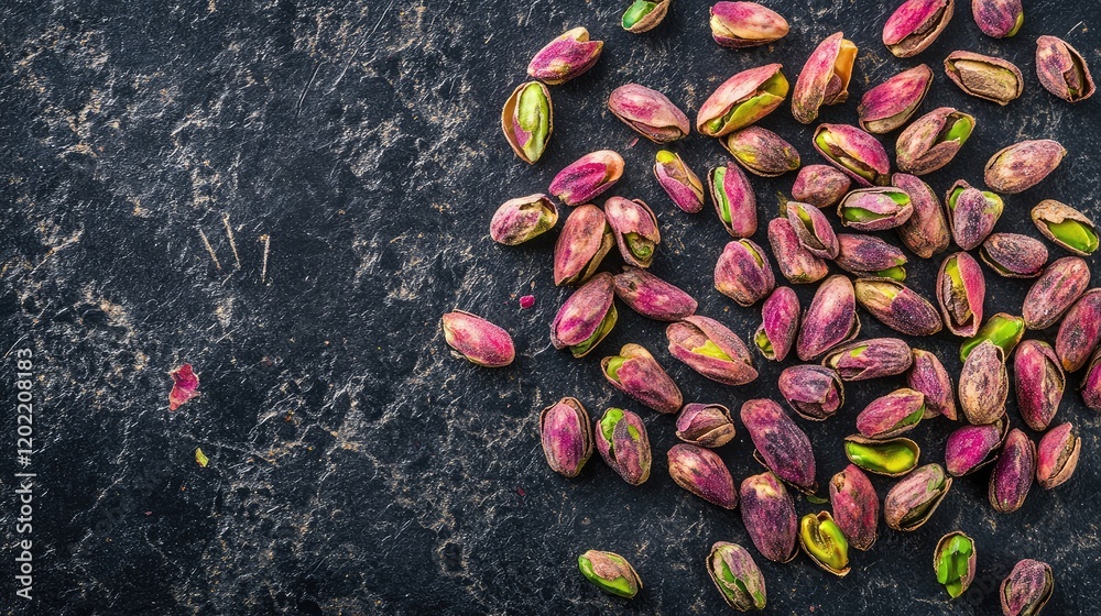 Poster Raw pistachio nuts scattered on a dark textured surface with copy space for text addition