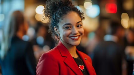 Sophisticated lady in a red blazer smiling with a heart-shaped badge at a formal gathering