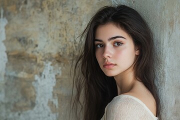 Fototapeta premium Woman with long hair against wall