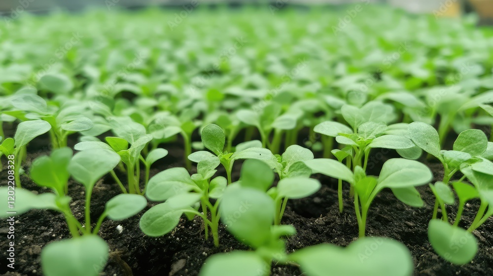 Aufkleber green seedlings growing in soil in a greenhouse with focus on young plants and copy space for text p