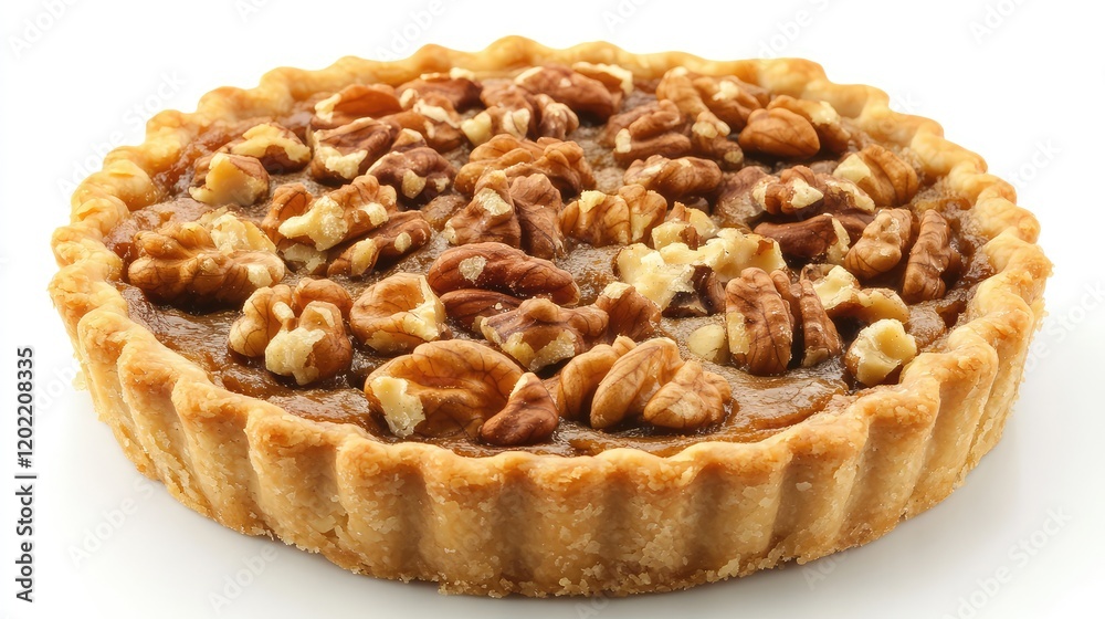 Poster Pecan pie tart with a golden crust and visible pecan nuts on top against a white background Copy Space