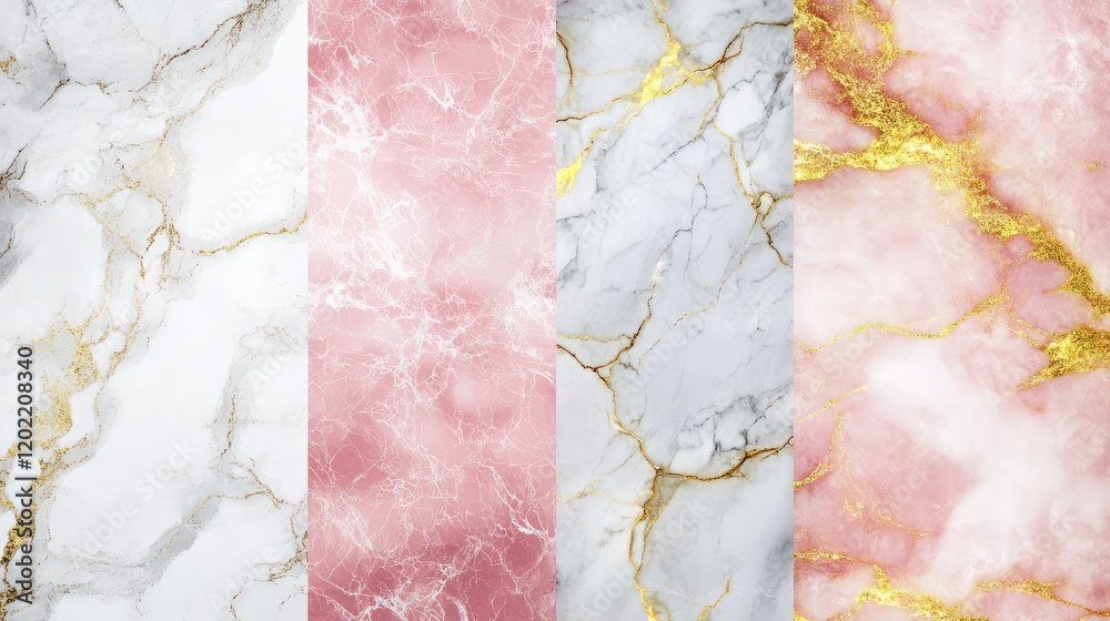 Poster marble textures collection with pink and gold veins suitable for backgrounds and design elements cop