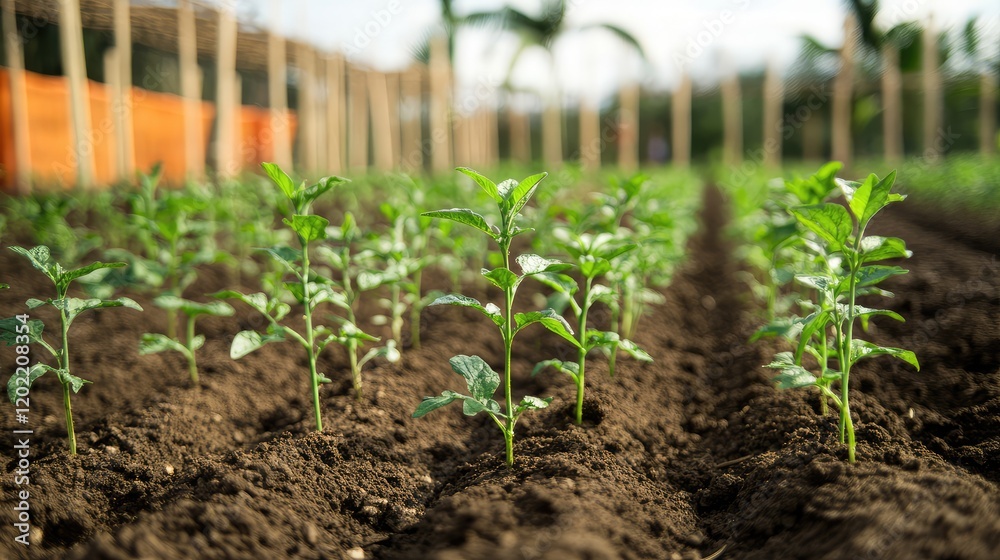 Poster row of young green plants growing in rich soil on a farm with palm trees in the background and clear