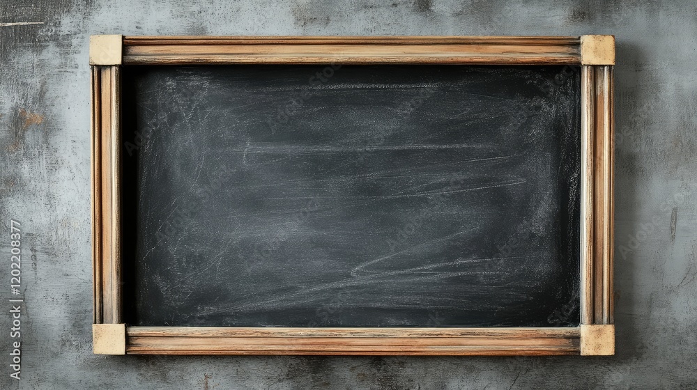 Aufkleber Black chalkboard framed in wood with a textured gray background and ample Copy Space for text insertion