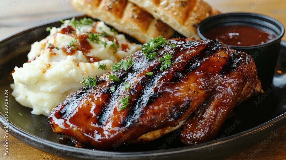 Poster grilled chicken breast with barbecue sauce served with mashed potatoes and toast on a black plate wi