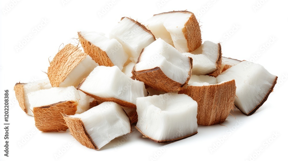 Aufkleber diced fresh coconut pieces arranged on a white background with ample copy space for text placement