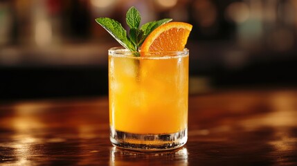 Fresh orange cocktail garnished with mint leaves served in a glass on wooden bar counter with blurred background Copy Space
