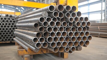 Stacked metal pipes are organized neatly in a warehouse, showcasing industrial materials ready for construction and manufacturing.