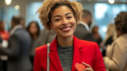 Stylish businesswoman in a bold red outfit smiling while holding a heart-shaped tag at a networking mixer