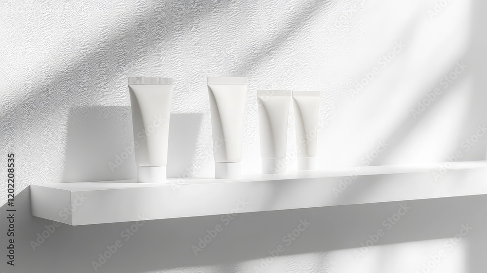 Poster Minimalist display of four white cosmetic tubes on a white shelf with soft shadows and ample Copy Space for text