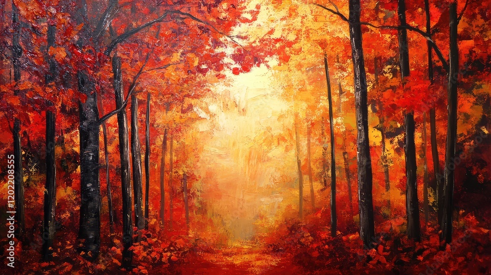 Aufkleber autumn forest landscape with vibrant red and orange leaves, soft sunlight filtering through trees, c