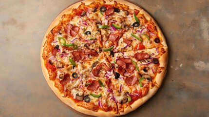 Large round pizza topped with pepperoni, olives, green peppers, red onions, and cheese on a wooden board, with Copy Space.