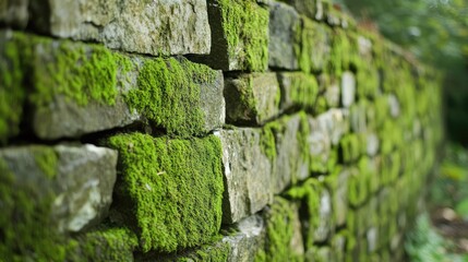Moss covered stone wall with textured surface and greenery in natural outdoor setting Copy Space