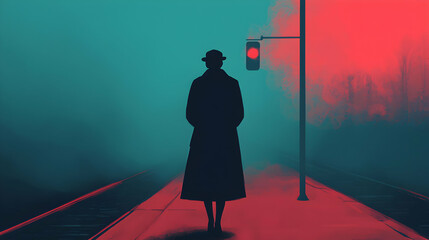 Mysterious figure waiting at a train station urban setting digital art foggy atmosphere back view suspenseful concept