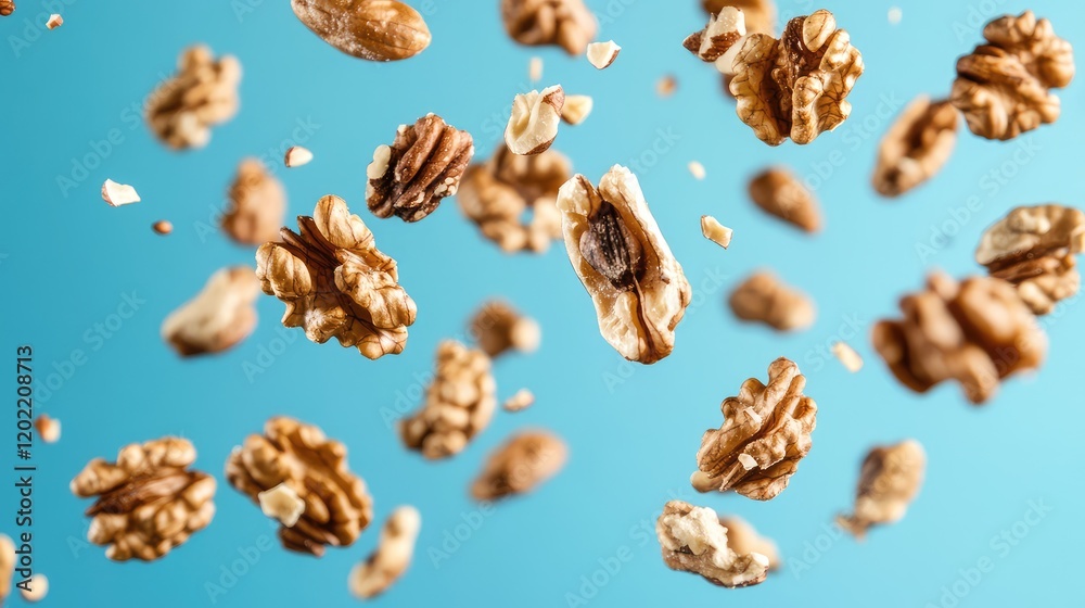 Poster walnuts in mid-air against a blue background with copy space for text