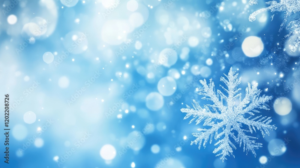 Leinwandbilder Frozen snowflake with sparkling bokeh and gradient blue background featuring ample copy space for text placement.