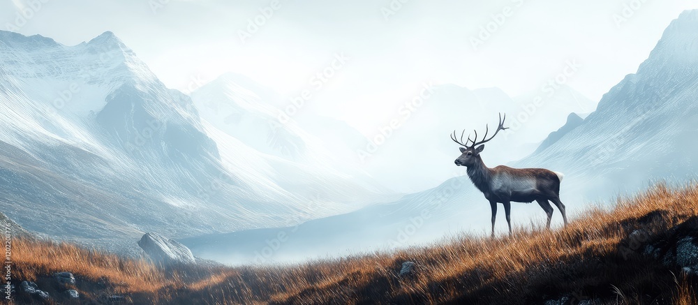 Aufkleber Majestic stag standing in misty mountain landscape with soft focus on background and copy space for text insertion