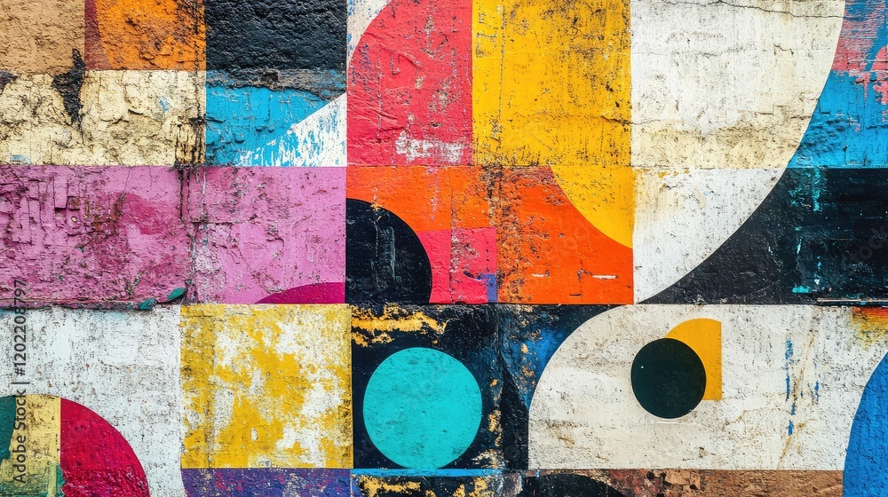 Poster colorful geometric abstract mural design on weathered wall with mixed textures and tones copy space