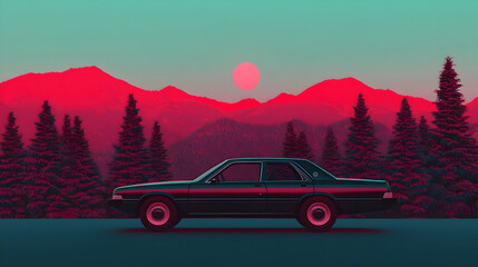 Fototapeta premium Vintage car at sunset in serene mountain landscape retro style artwork tranquil atmosphere side view perspective