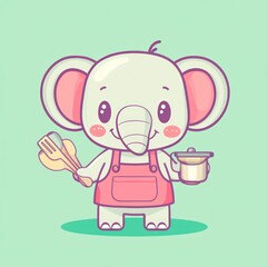 Cute elephant chef cooking, pastel background, kids illustration