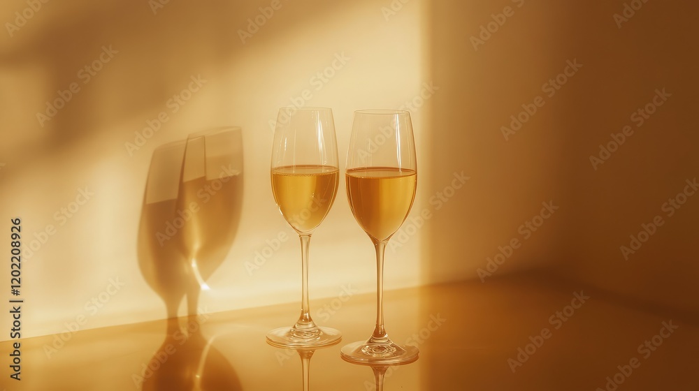 Poster two glasses of light golden beverage with reflections and shadows on a warm yellow background copy s