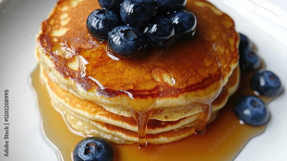 Poster Stack of fluffy pancakes topped with fresh blueberries and drizzled with maple syrup on a white plate with copy space